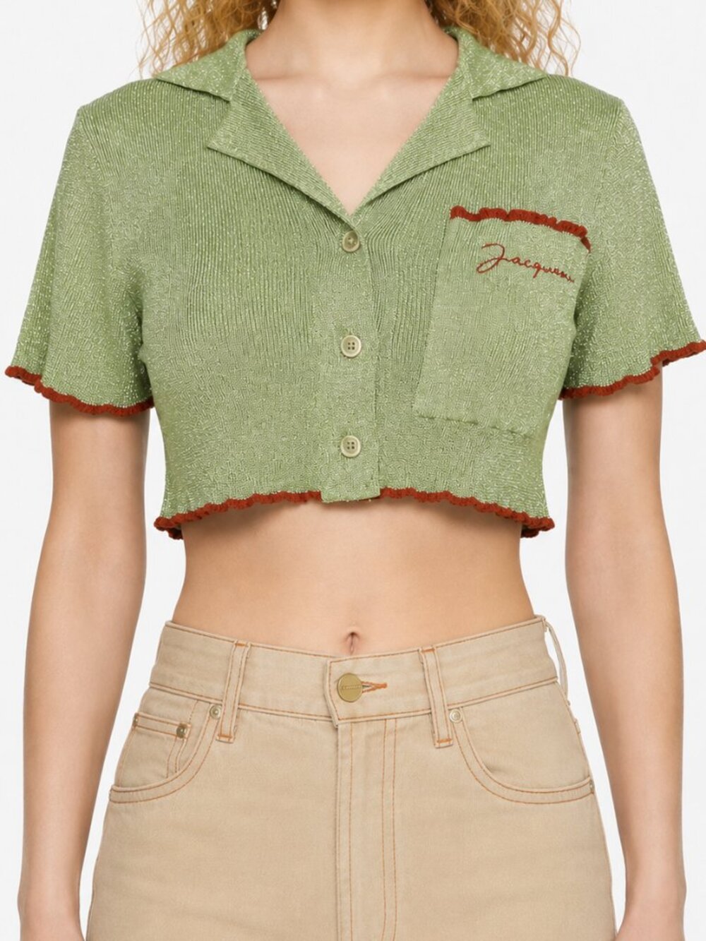 Jacquemus Le Haut Brilho Cropped Silver Metallic Knit Shirt Green XS 34